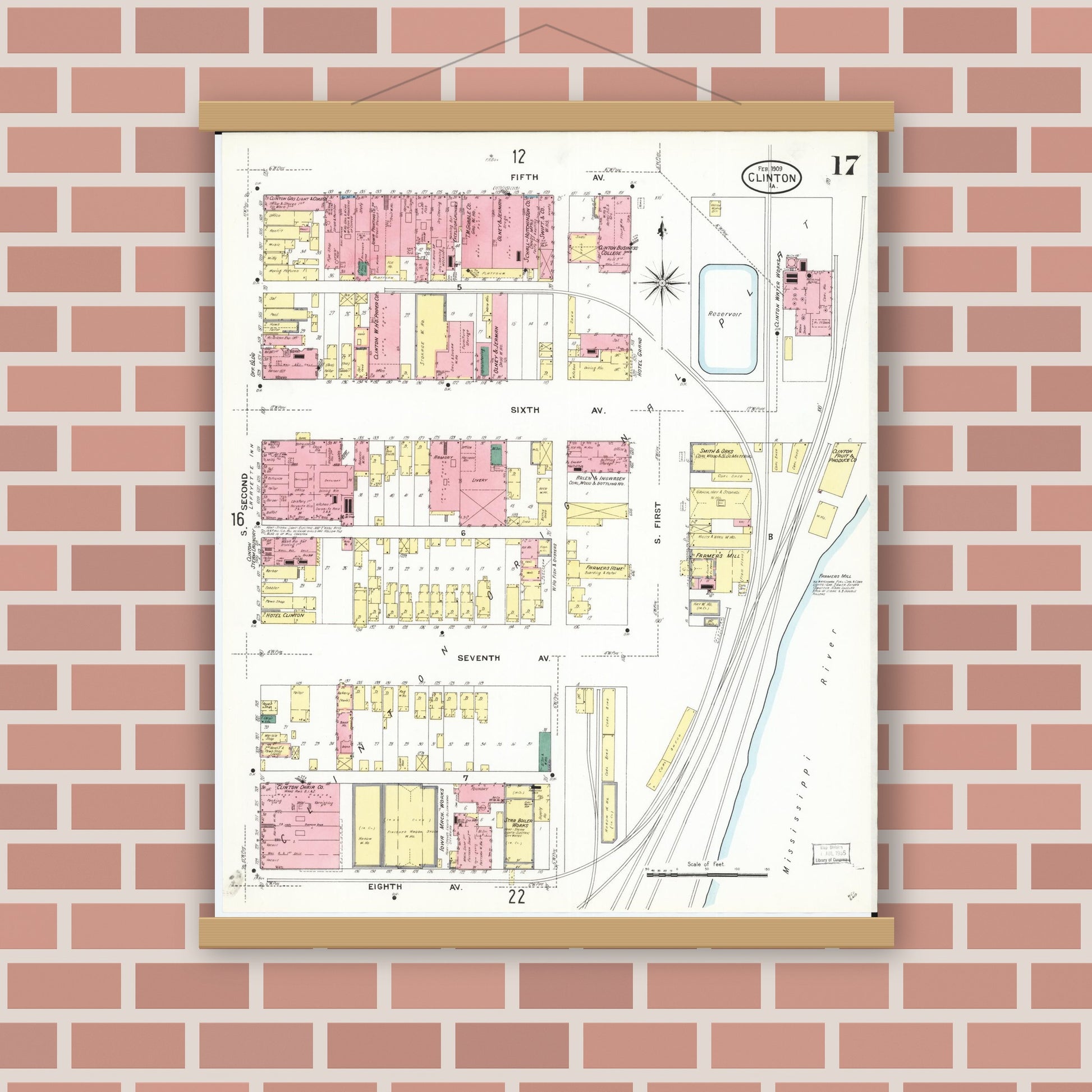 Old map wall art mockup — magnetic wood frame on brick wall — Sanborn Fire Insurance Map from Clinton, Clinton County, Iowa (1909), Sheet #0017