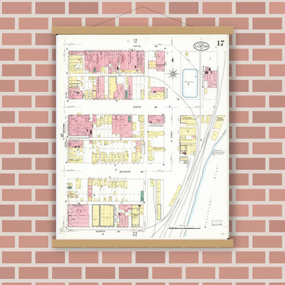 Old map wall art mockup — magnetic wood frame on brick wall — Sanborn Fire Insurance Map from Clinton, Clinton County, Iowa (1909), Sheet #0017
