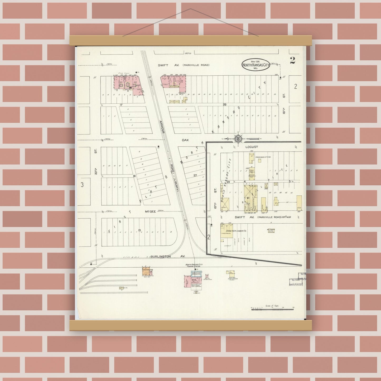 Old map wall art mockup — magnetic wood frame on brick wall — Sanborn Fire Insurance Map from North Kansas City, Clay County, Missouri (1914), Sheet #0002