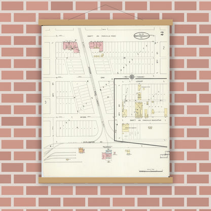 Old map wall art mockup — magnetic wood frame on brick wall — Sanborn Fire Insurance Map from North Kansas City, Clay County, Missouri (1914), Sheet #0002
