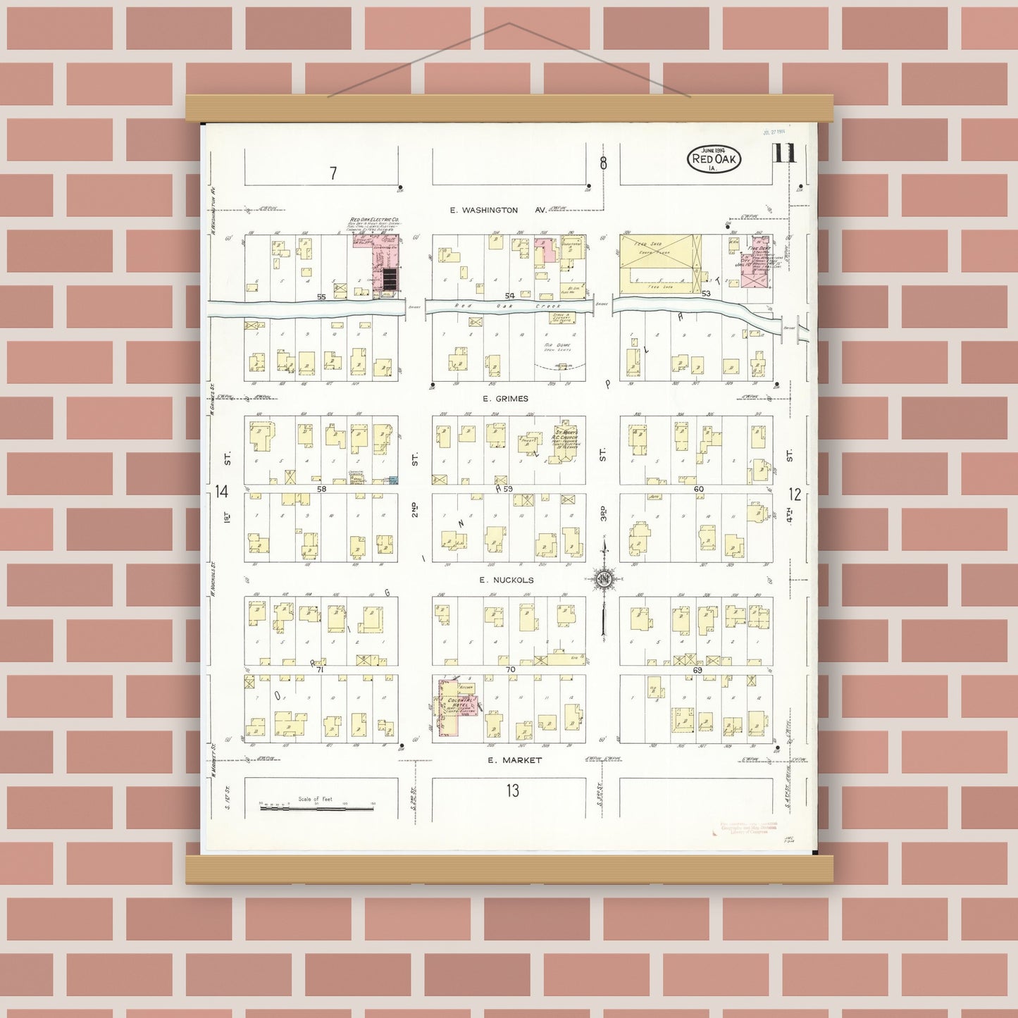 Old map wall art mockup — magnetic wood frame on brick wall — Sanborn Fire Insurance Map from Red Oak, Montgomery County, Iowa (1914), Sheet #0011