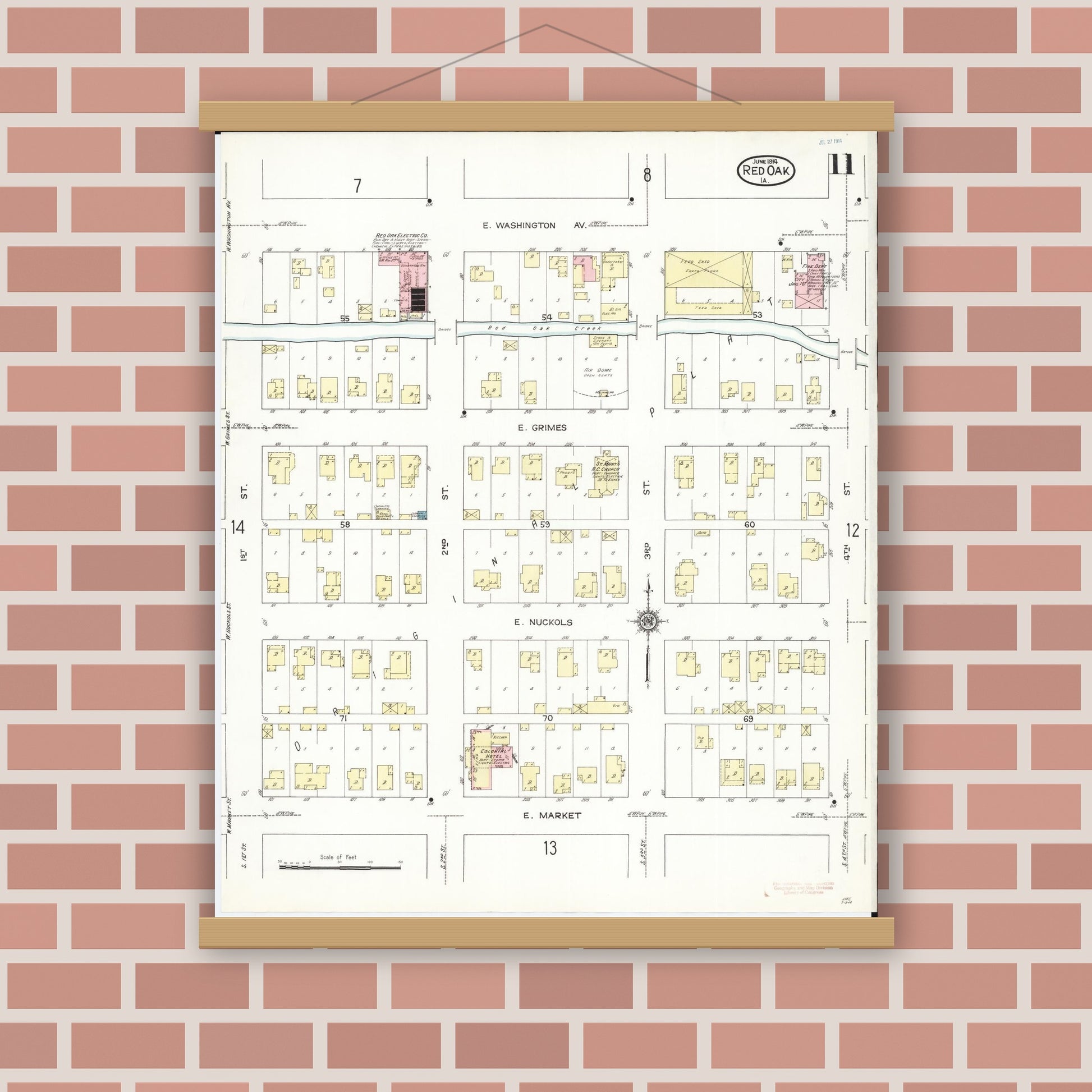 Old map wall art mockup — magnetic wood frame on brick wall — Sanborn Fire Insurance Map from Red Oak, Montgomery County, Iowa (1914), Sheet #0011