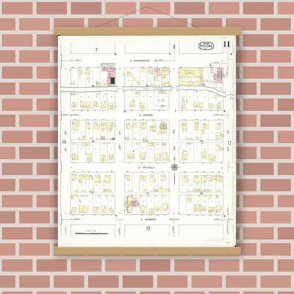 Old map wall art mockup — magnetic wood frame on brick wall — Sanborn Fire Insurance Map from Red Oak, Montgomery County, Iowa (1914), Sheet #0011