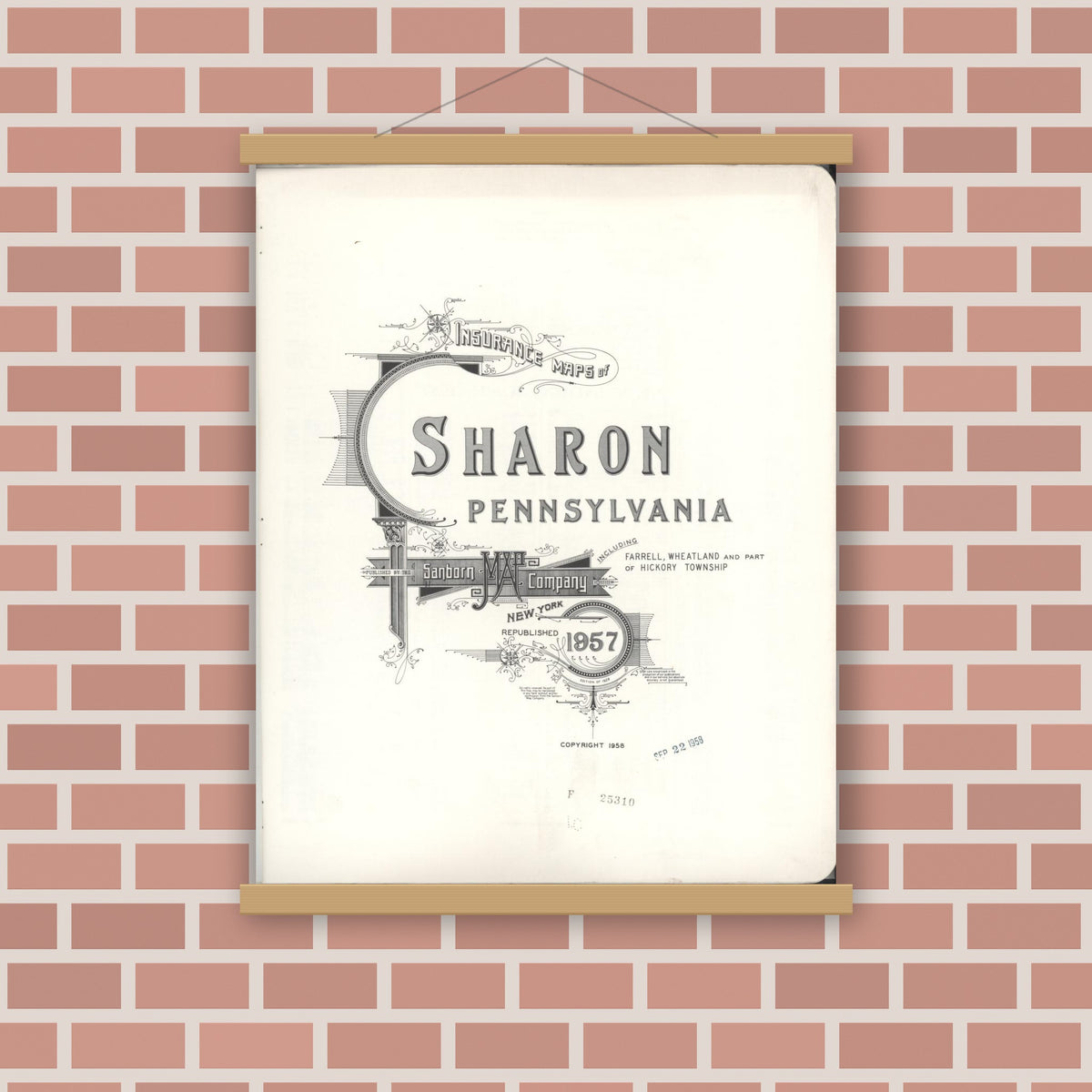 Old map wall art mockup — magnetic wood frame on brick wall — Sanborn Fire Insurance Map from Sharon, Mercer County, Pennsylvania (1958), Sheet #0001