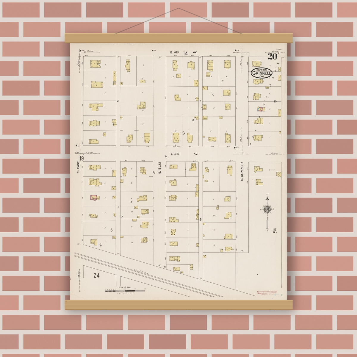 Old map wall art mockup — magnetic wood frame on brick wall — Sanborn Fire Insurance Map from Grinnell, Poweshiek County, Iowa (1922), Sheet #0020