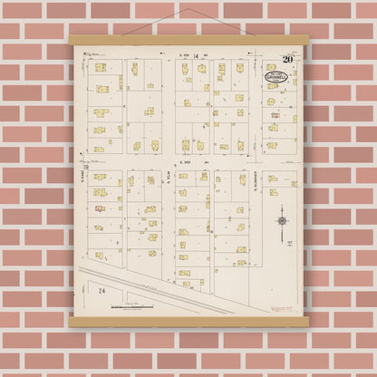 Old map wall art mockup — magnetic wood frame on brick wall — Sanborn Fire Insurance Map from Grinnell, Poweshiek County, Iowa (1922), Sheet #0020