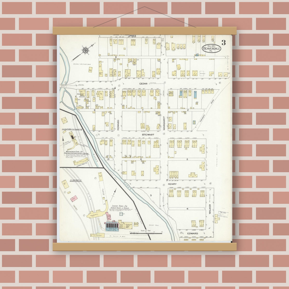 Old map wall art mockup — magnetic wood frame on brick wall — Sanborn Fire Insurance Map from Beaverdale, Cambria County, Pennsylvania (1914), Sheet #0003