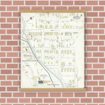 Old map wall art mockup — magnetic wood frame on brick wall — Sanborn Fire Insurance Map from Beaverdale, Cambria County, Pennsylvania (1914), Sheet #0003