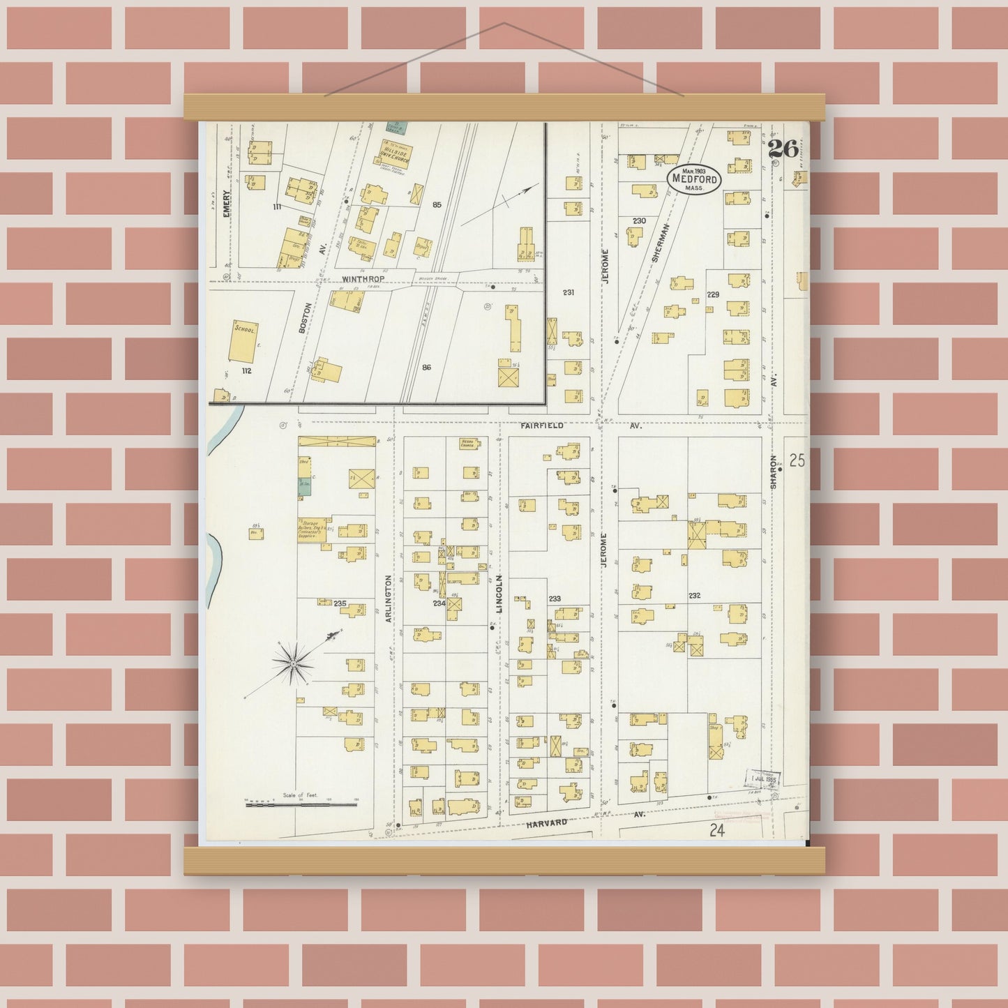 Old map wall art mockup — magnetic wood frame on brick wall — Sanborn Fire Insurance Map from Medford, Middlesex County, Massachusetts (1903), Sheet #0026
