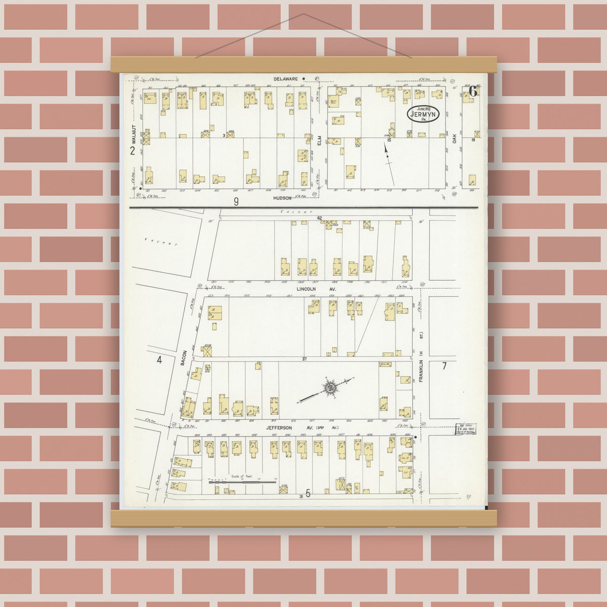 Old map wall art mockup — magnetic wood frame on brick wall — Sanborn Fire Insurance Map from Jermyn, Lackawanna County, Pennsylvania (1912), Sheet #0006