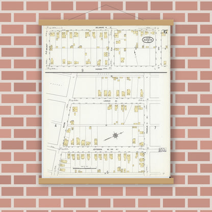 Old map wall art mockup — magnetic wood frame on brick wall — Sanborn Fire Insurance Map from Jermyn, Lackawanna County, Pennsylvania (1912), Sheet #0006