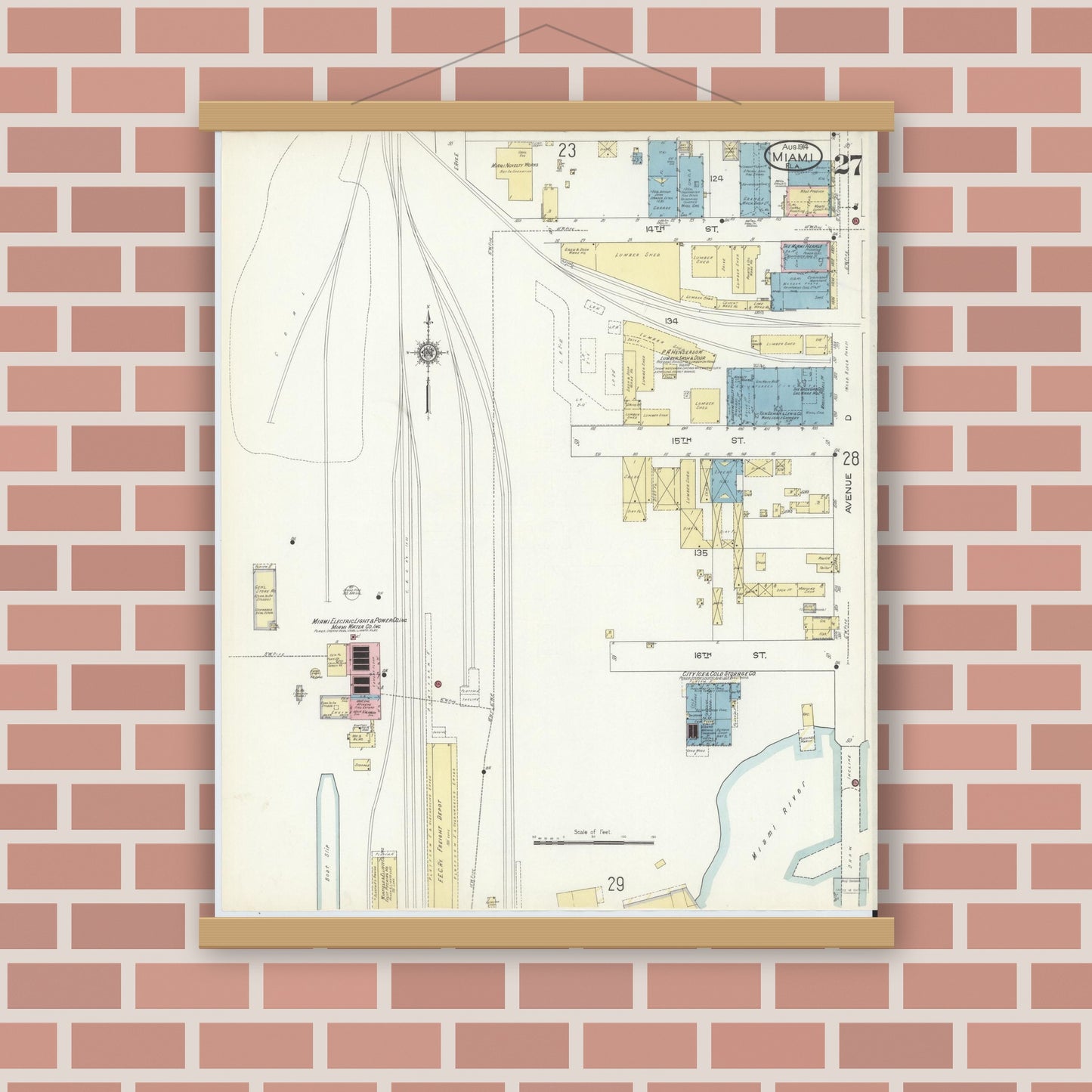 Old map wall art mockup — magnetic wood frame on brick wall — Sanborn Fire Insurance Map from Miami, Dade County, Florida (1914), Sheet #0027