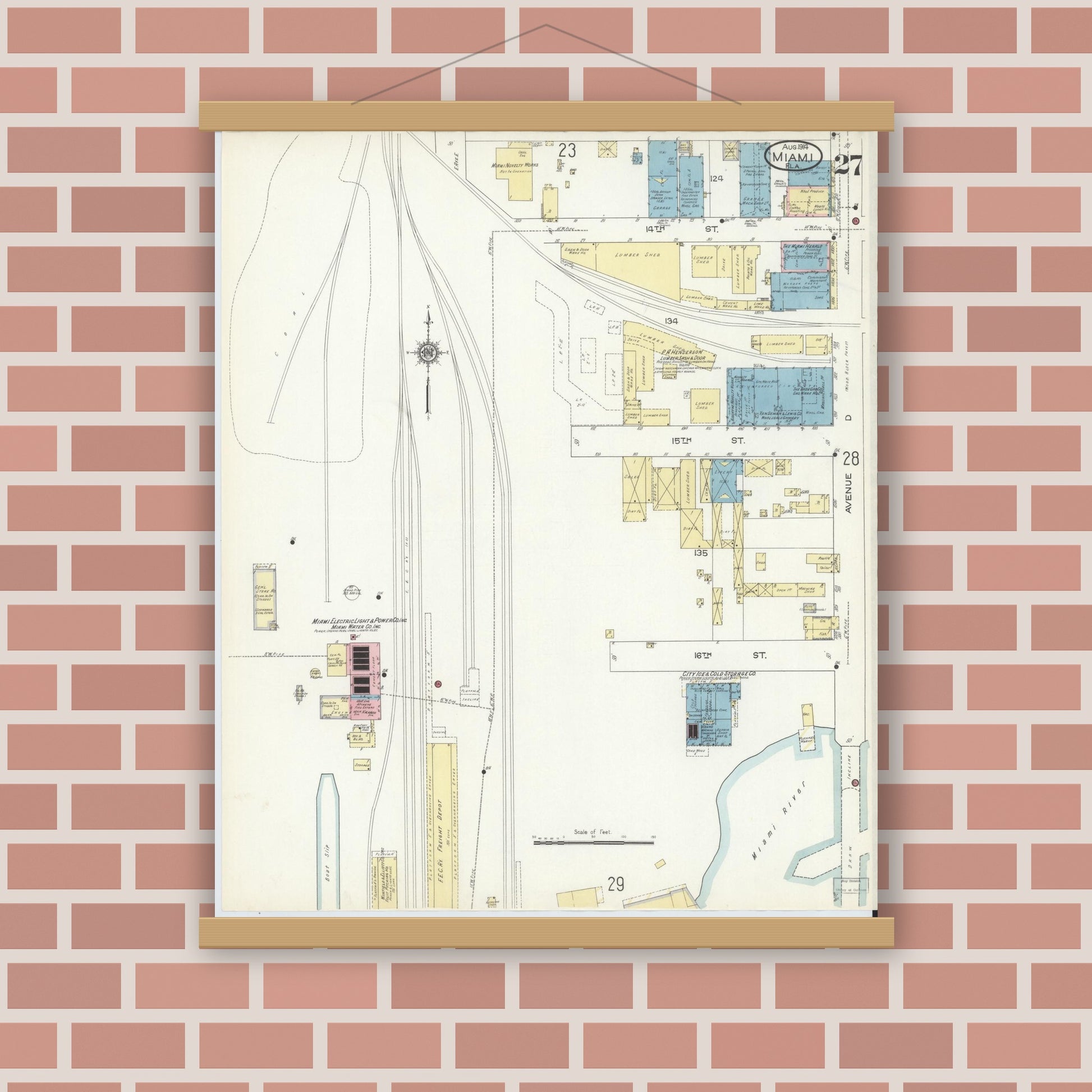 Old map wall art mockup — magnetic wood frame on brick wall — Sanborn Fire Insurance Map from Miami, Dade County, Florida (1914), Sheet #0027