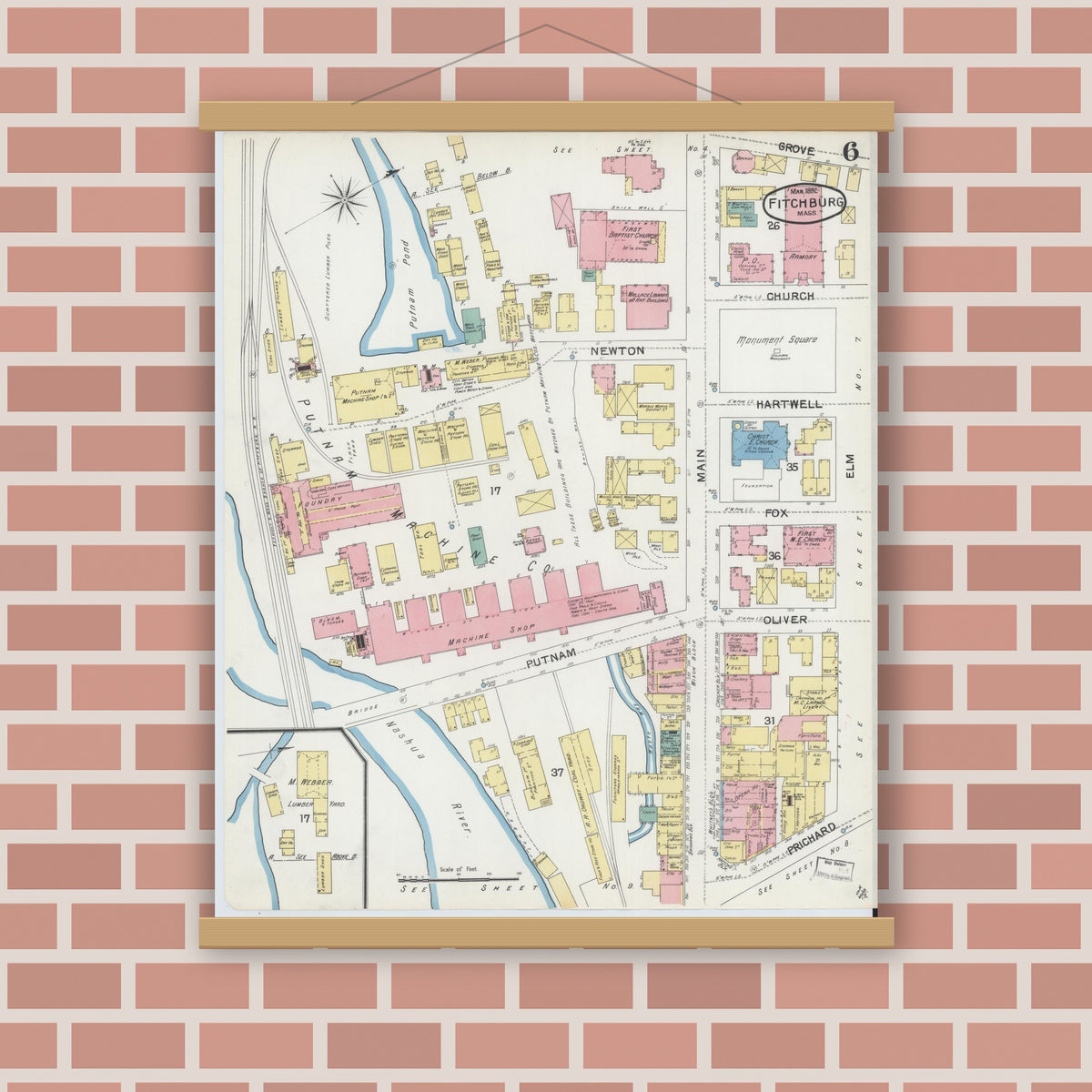 Old map wall art mockup — magnetic wood frame on brick wall — Sanborn Fire Insurance Map from Fitchburg, Worcester County, Massachusetts (1892), Sheet #0006