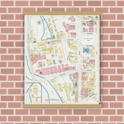 Old map wall art mockup — magnetic wood frame on brick wall — Sanborn Fire Insurance Map from Fitchburg, Worcester County, Massachusetts (1892), Sheet #0006