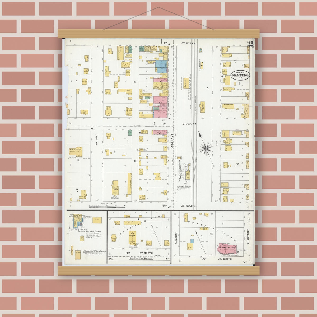 Old map wall art mockup — magnetic wood frame on brick wall — Sanborn Fire Insurance Map from Manteno, Kankakee County, Illinois (1904), Sheet #0002