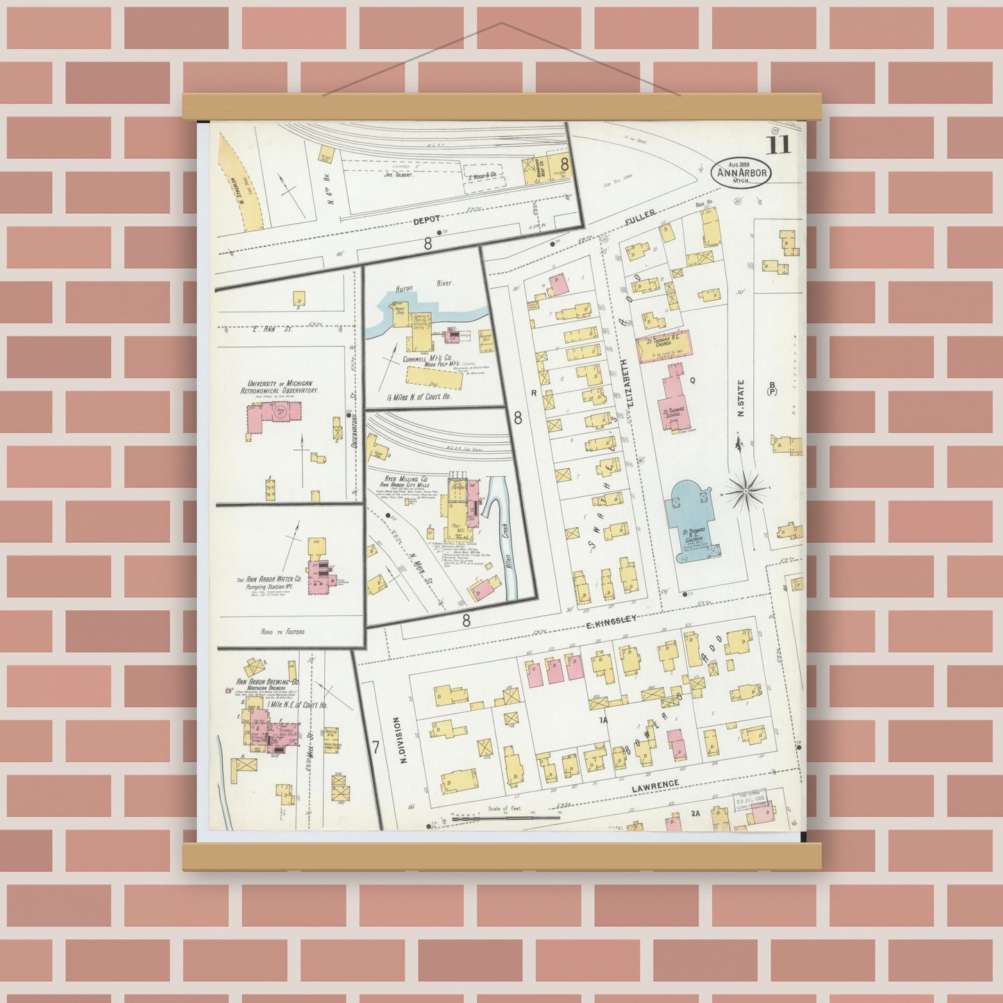 Old map wall art mockup — magnetic wood frame on brick wall — Sanborn Fire Insurance Map from Ann Arbor, Washtenaw County, Michigan (1899), Sheet #0011