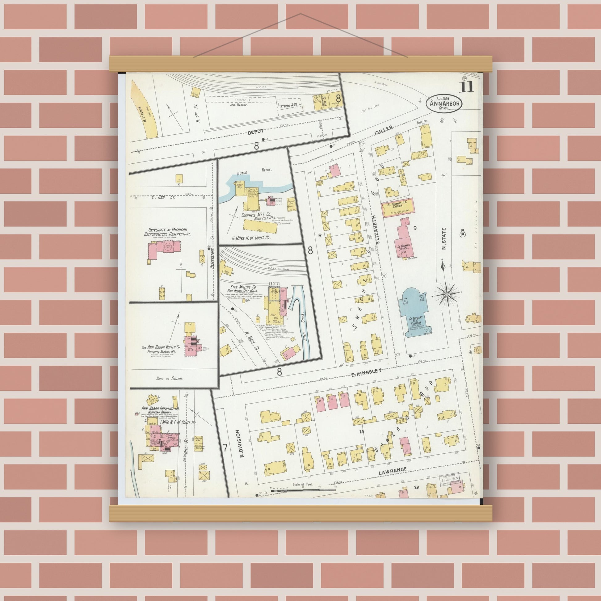 Old map wall art mockup — magnetic wood frame on brick wall — Sanborn Fire Insurance Map from Ann Arbor, Washtenaw County, Michigan (1899), Sheet #0011