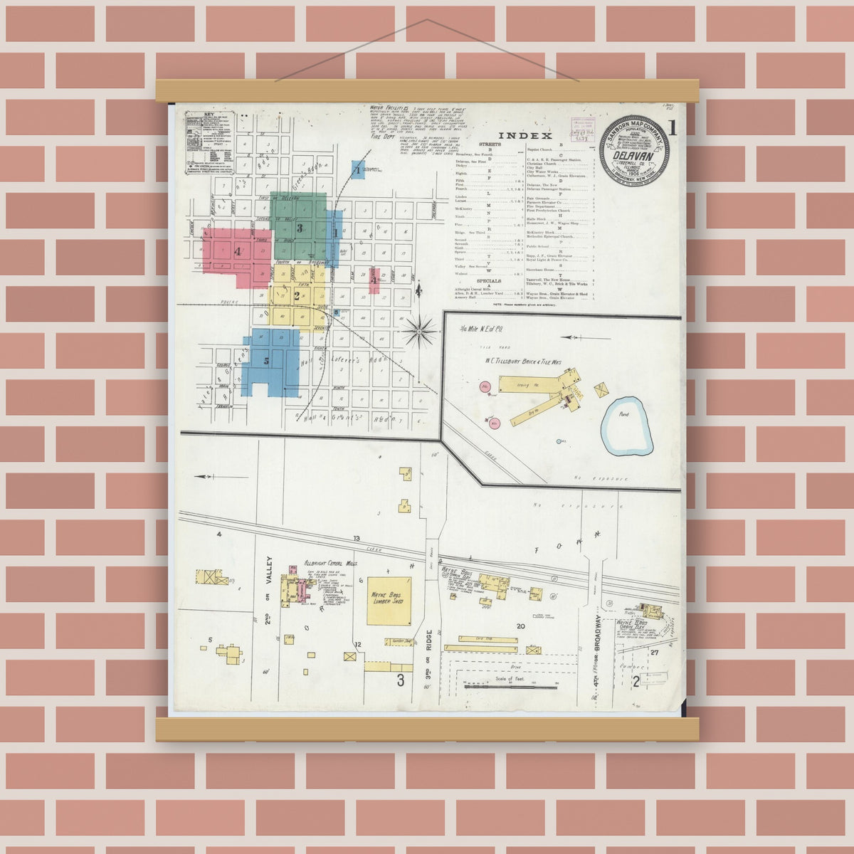 Old map wall art mockup — magnetic wood frame on brick wall — Sanborn Fire Insurance Map from Delavan, Tazewell County, Illinois (1906) - Complete Map Set