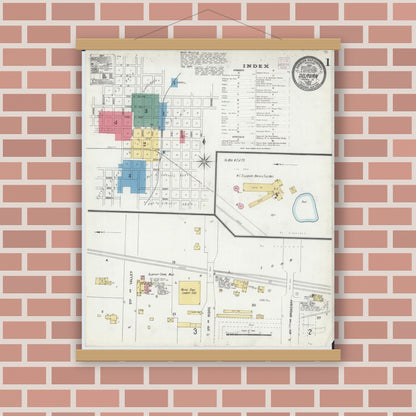 Old map wall art mockup — magnetic wood frame on brick wall — Sanborn Fire Insurance Map from Delavan, Tazewell County, Illinois (1906) - Complete Map Set