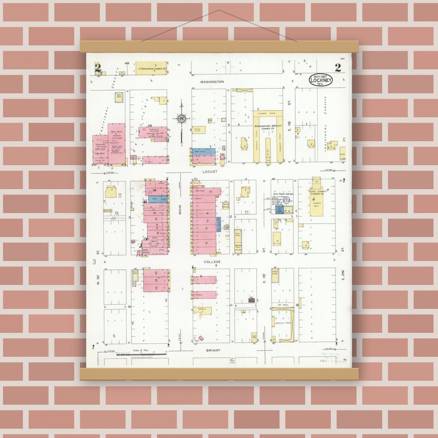 Old map wall art mockup — magnetic wood frame on brick wall — Sanborn Fire Insurance Map from Lockney, Floyd County, Texas (1927), Sheet #0002