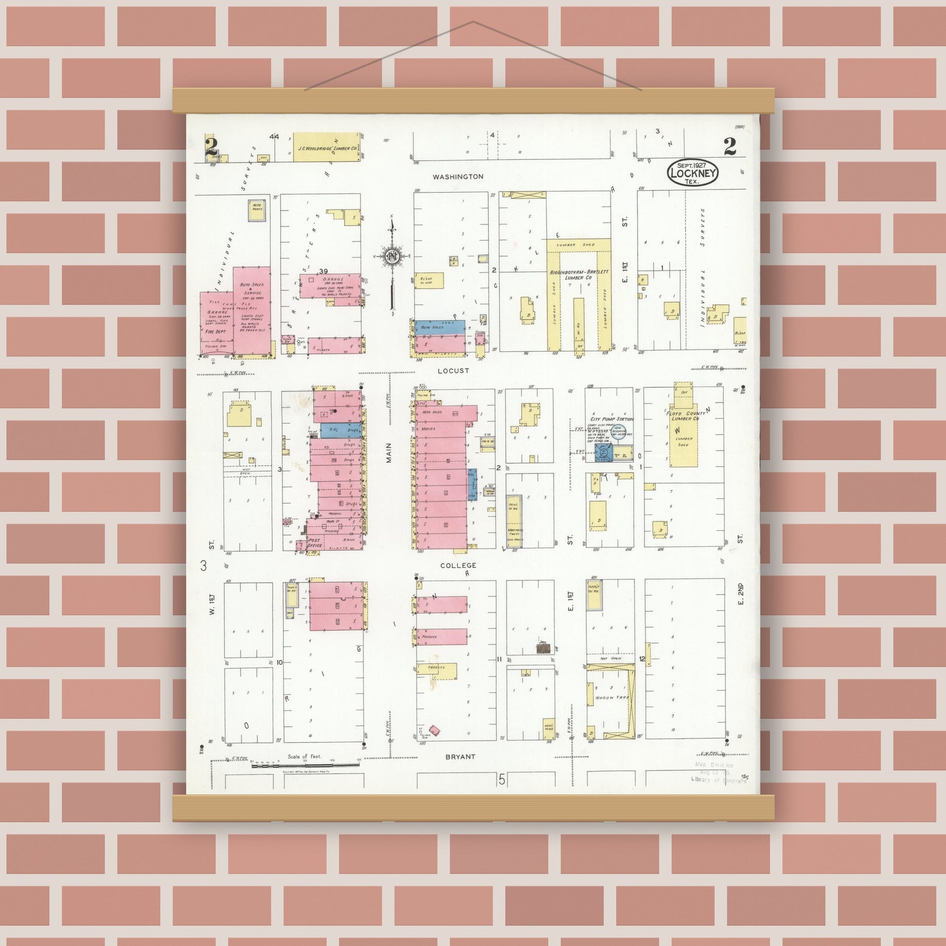 Old map wall art mockup — magnetic wood frame on brick wall — Sanborn Fire Insurance Map from Lockney, Floyd County, Texas (1927), Sheet #0002