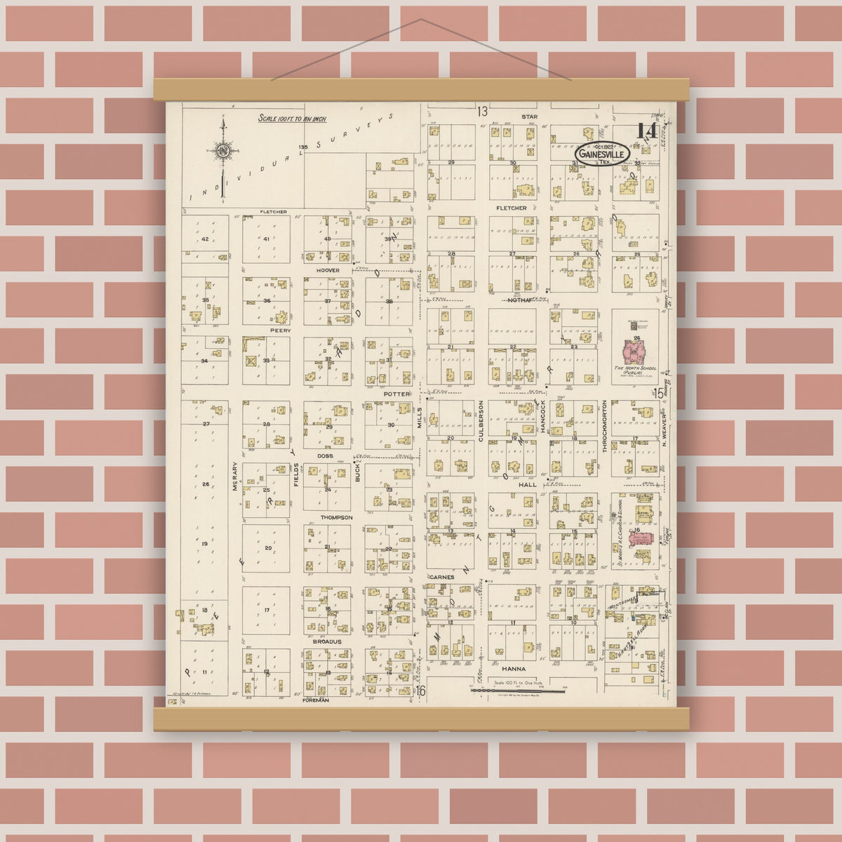 Old map wall art mockup — magnetic wood frame on brick wall — Sanborn Fire Insurance Map from Gainesville, Cooke County, Texas (1922), Sheet #0014