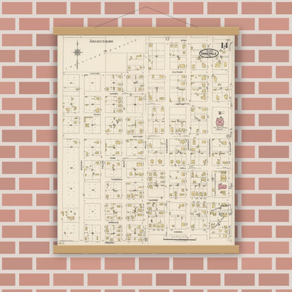 Old map wall art mockup — magnetic wood frame on brick wall — Sanborn Fire Insurance Map from Gainesville, Cooke County, Texas (1922), Sheet #0014