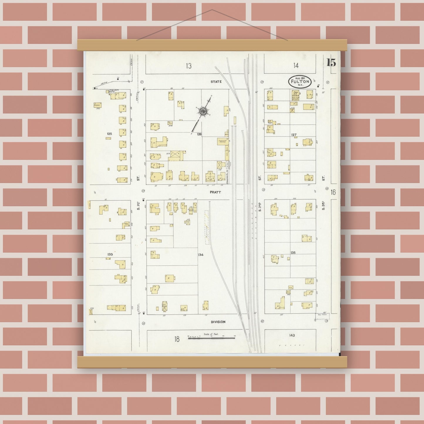 Old map wall art mockup — magnetic wood frame on brick wall — Sanborn Fire Insurance Map from Fulton, Oswego County, New York (1911), Sheet #0015