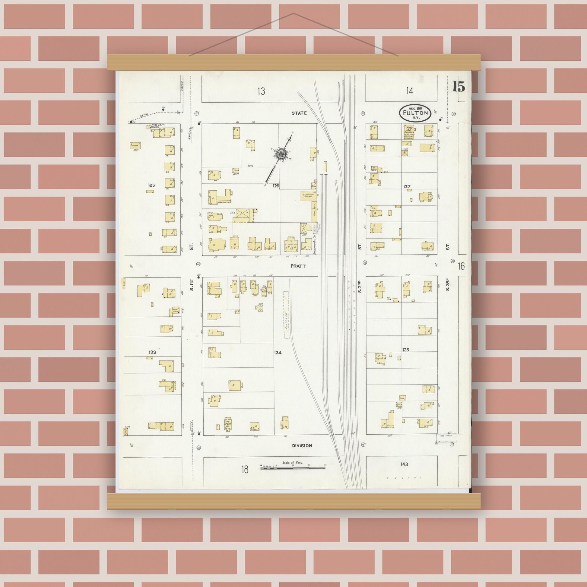 Old map wall art mockup — magnetic wood frame on brick wall — Sanborn Fire Insurance Map from Fulton, Oswego County, New York (1911), Sheet #0015