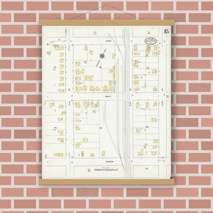 Old map wall art mockup — magnetic wood frame on brick wall — Sanborn Fire Insurance Map from Fulton, Oswego County, New York (1911), Sheet #0015