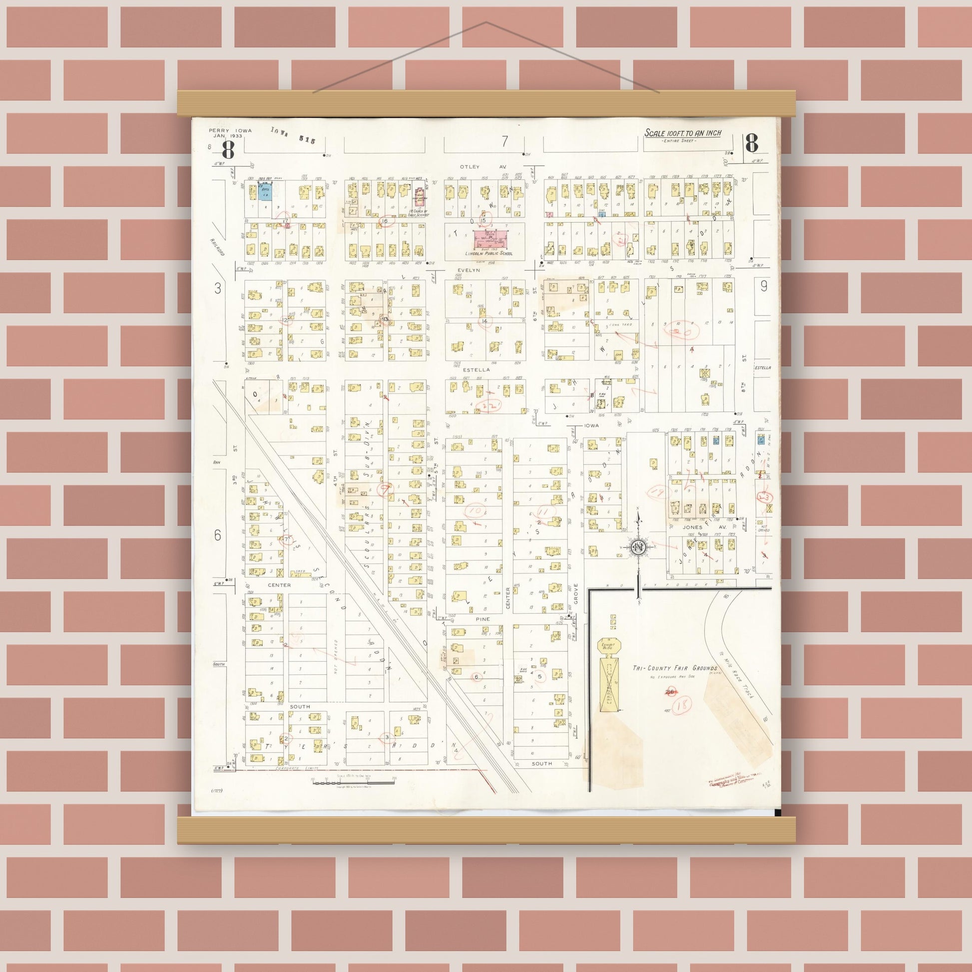 Old map wall art mockup — magnetic wood frame on brick wall — Sanborn Fire Insurance Map from Perry, Dallas County, Iowa (1947), Sheet #0008