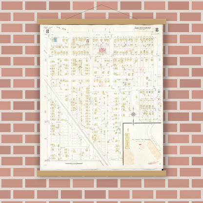 Old map wall art mockup — magnetic wood frame on brick wall — Sanborn Fire Insurance Map from Perry, Dallas County, Iowa (1947), Sheet #0008