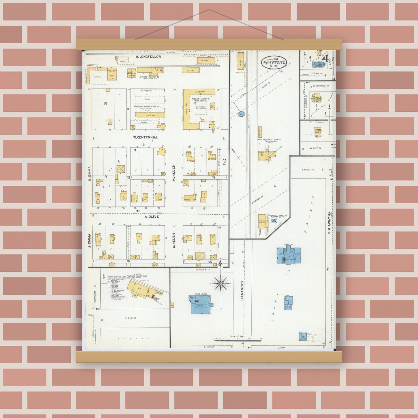 Old map wall art mockup — magnetic wood frame on brick wall — Sanborn Fire Insurance Map from Pipestone, Pipestone County, Minnesota (1904), Sheet #0004
