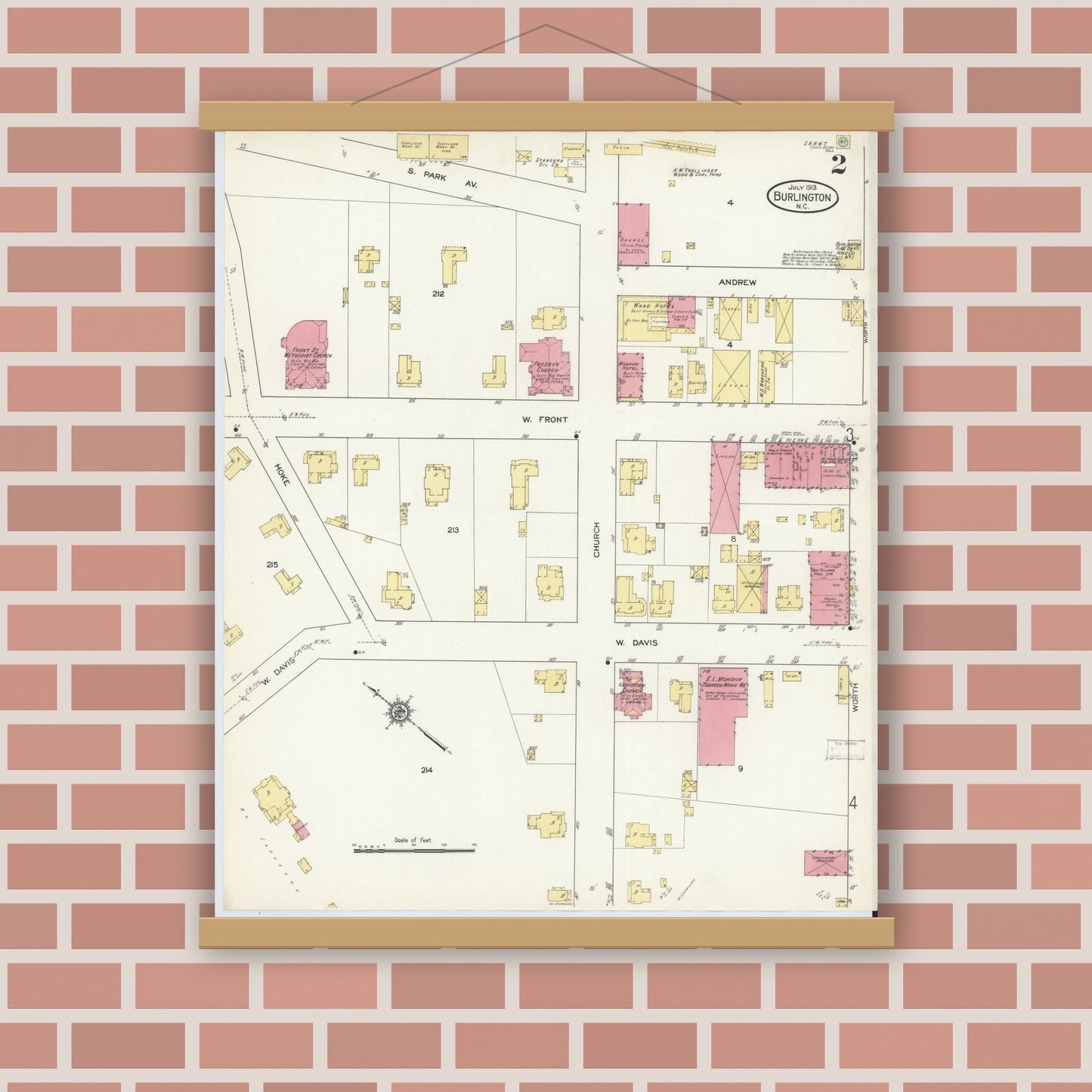 Old map wall art mockup — magnetic wood frame on brick wall — Sanborn Fire Insurance Map from Burlington, Alamance County, North Carolina (1913), Sheet #0002