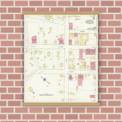 Old map wall art mockup — magnetic wood frame on brick wall — Sanborn Fire Insurance Map from Burlington, Alamance County, North Carolina (1913), Sheet #0002