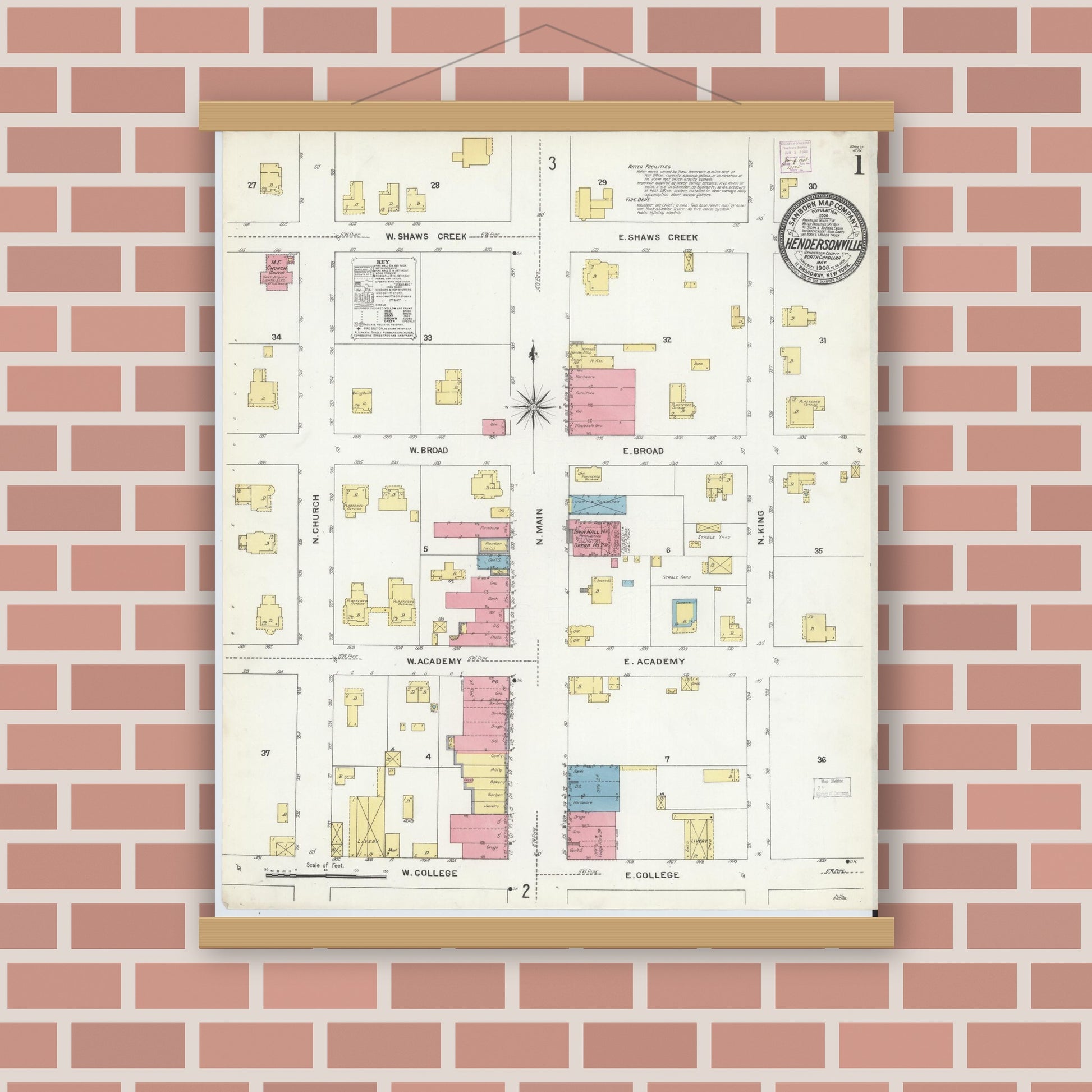 Old map wall art mockup — magnetic wood frame on brick wall — Sanborn Fire Insurance Map from Hendersonville, Henderson County, North Carolina (1908), Sheet #0001