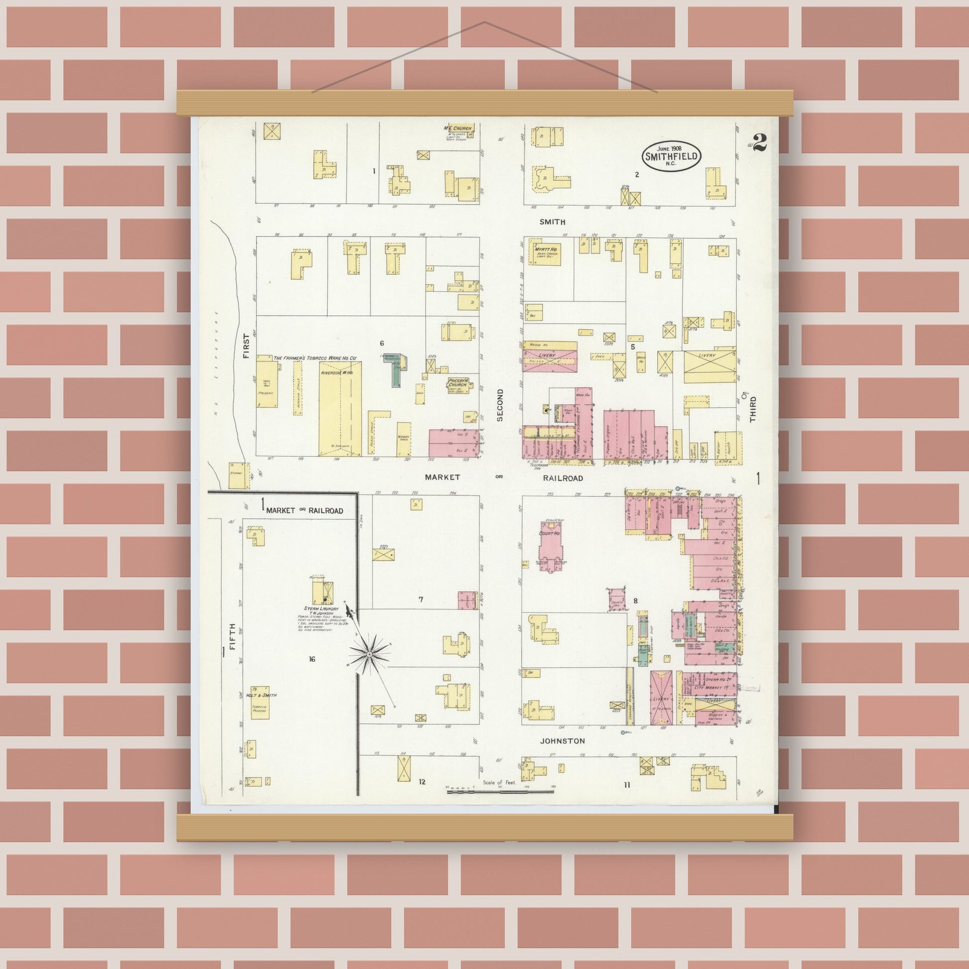 Old map wall art mockup — magnetic wood frame on brick wall — Sanborn Fire Insurance Map from Smithfield, Johnston County, North Carolina (1908), Sheet #0002