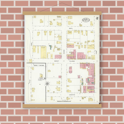 Old map wall art mockup — magnetic wood frame on brick wall — Sanborn Fire Insurance Map from Smithfield, Johnston County, North Carolina (1908), Sheet #0002