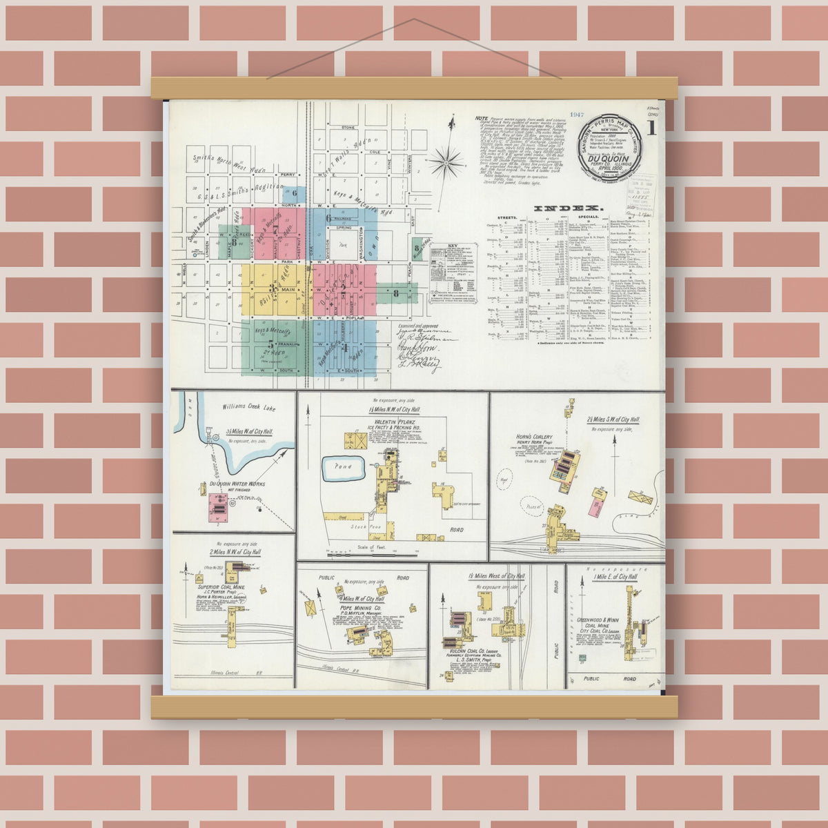 Old map wall art mockup — magnetic wood frame on brick wall — Sanborn Fire Insurance Map from Du Quoin, Perry County, Illinois (1900) - Complete Map Set