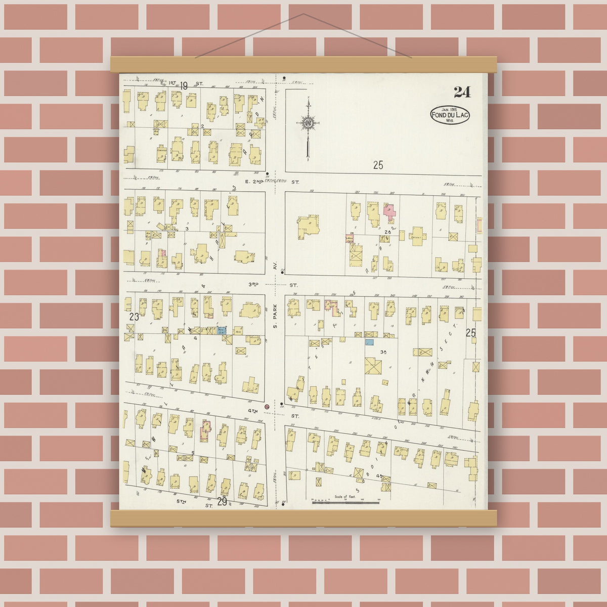 Old map wall art mockup — magnetic wood frame on brick wall — Sanborn Fire Insurance Map from Fond du Lac, Fond du Lac County, Wisconsin (1915), Sheet #0024
