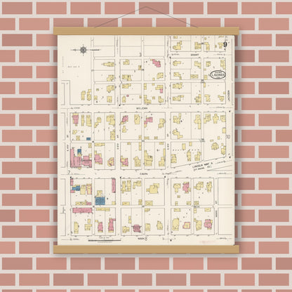 Old map wall art mockup — magnetic wood frame on brick wall — Sanborn Fire Insurance Map from Ligonier, Noble County, Indiana (1922), Sheet #0009
