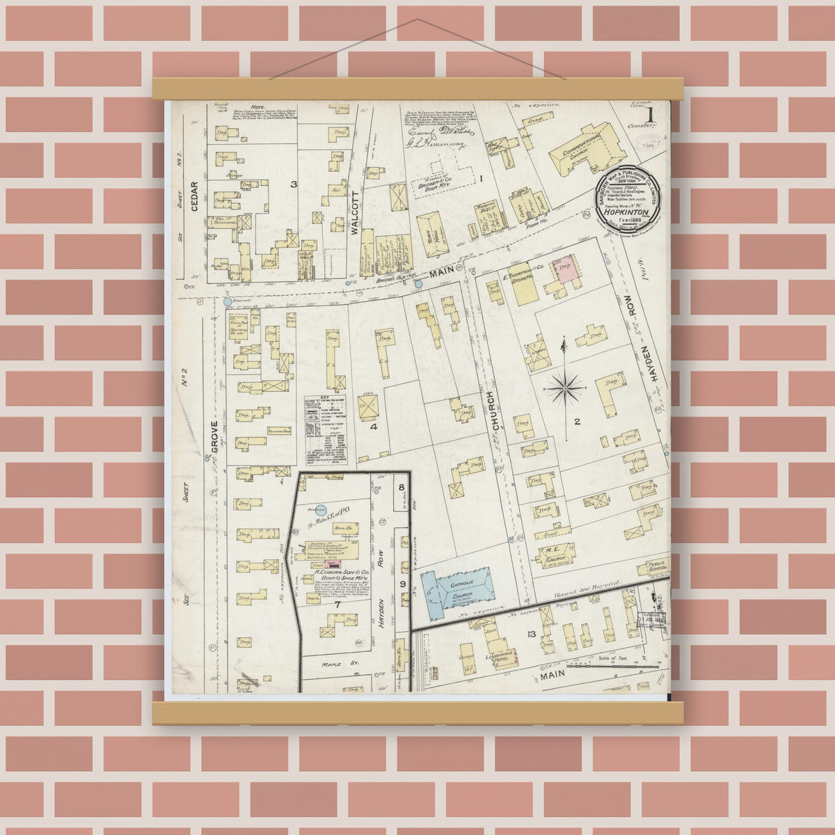 Old map wall art mockup — magnetic wood frame on brick wall — Sanborn Fire Insurance Map from Hopkinton, Middlesex County, Massachusetts (1888) - Complete Map Set