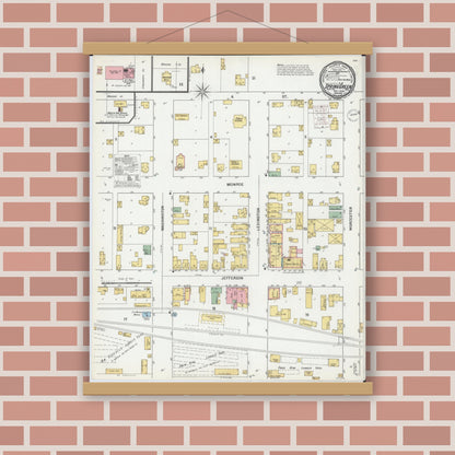 Old map wall art mockup — magnetic wood frame on brick wall — Sanborn Fire Insurance Map from Spring Green, Sauk County, Wisconsin (1899), Sheet #0001
