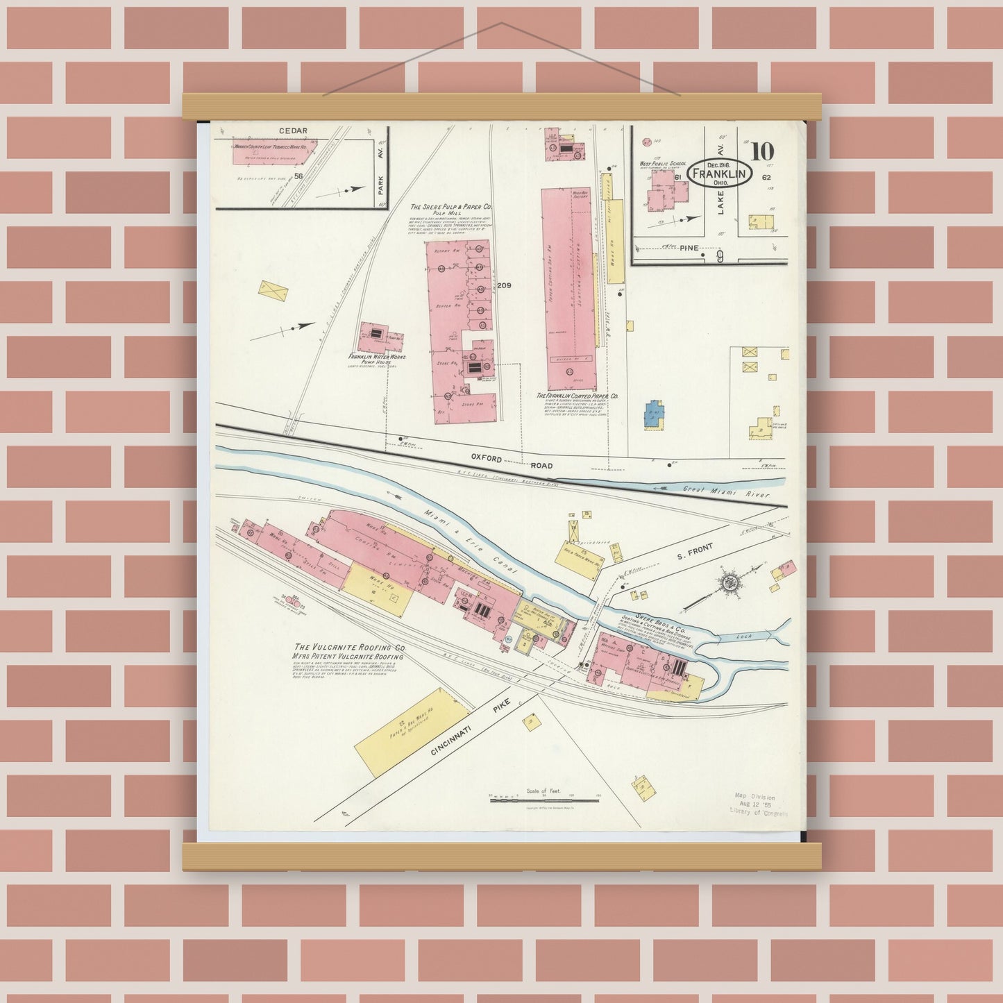 Old map wall art mockup — magnetic wood frame on brick wall — Sanborn Fire Insurance Map from Franklin, Warren County, Ohio (1916), Sheet #0010