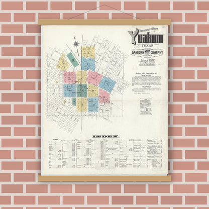 Old map wall art mockup — magnetic wood frame on brick wall — Sanborn Fire Insurance Map from Yoakum, De Witt And Lavaca Counties, Texas (1912) - Complete Map Set