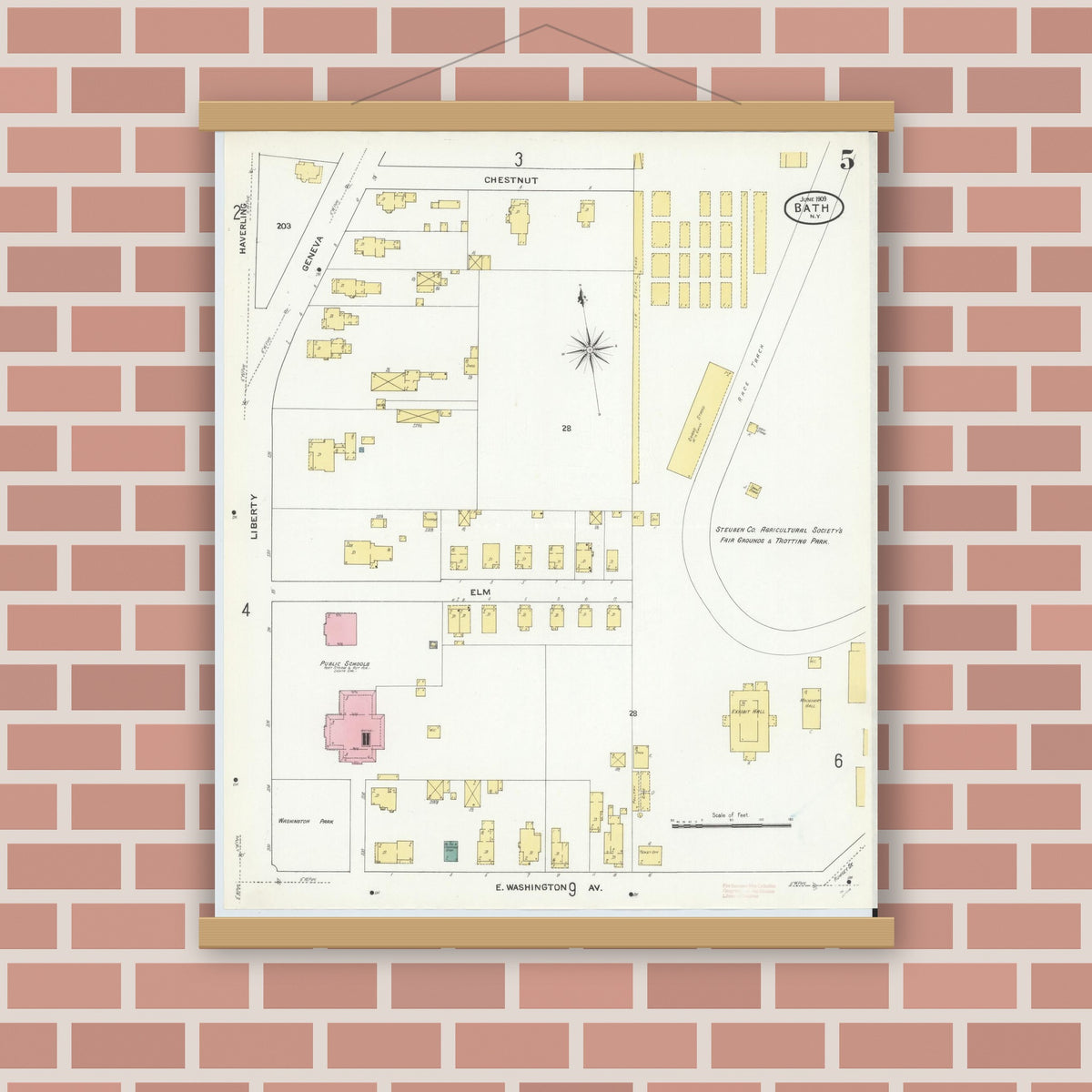 Old map wall art mockup — magnetic wood frame on brick wall — Sanborn Fire Insurance Map from Bath, Steuben County, New York (1909), Sheet #0005