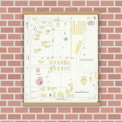 Old map wall art mockup — magnetic wood frame on brick wall — Sanborn Fire Insurance Map from Bath, Steuben County, New York (1909), Sheet #0005