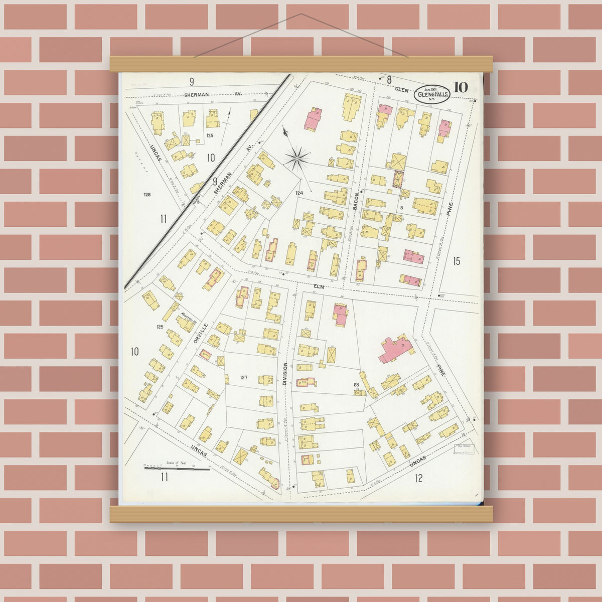 Old map wall art mockup — magnetic wood frame on brick wall — Sanborn Fire Insurance Map from Glens Falls, Warren County, New York (1901), Sheet #0010