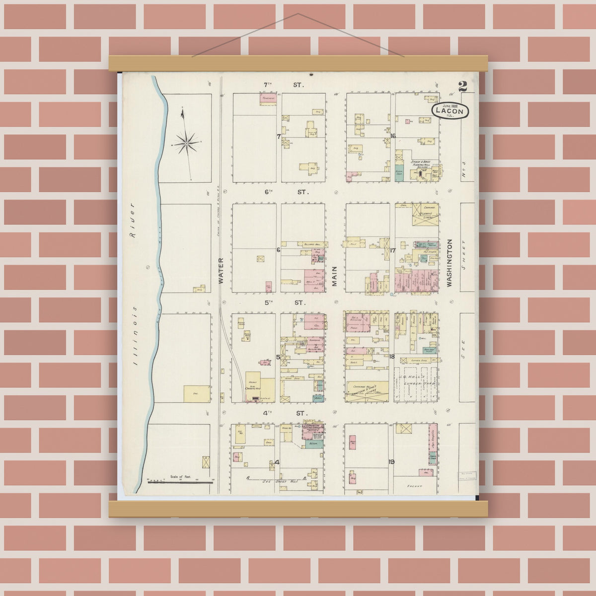 Old map wall art mockup — magnetic wood frame on brick wall — Sanborn Fire Insurance Map from Lacon, Marshall County, Illinois (1888), Sheet #0002